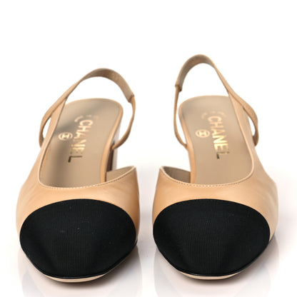 Chanel Goatskin Grosgrain Cap Toe CC Slingback Pumps 38 Beige Black 2 of 7
