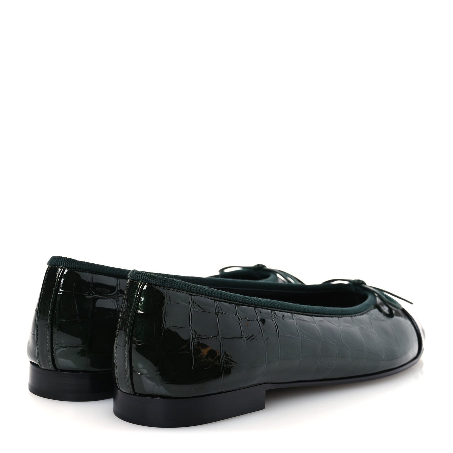 Crocodile Embossed Patent Calfskin Ballet Flats 38.5 Dark Green Black