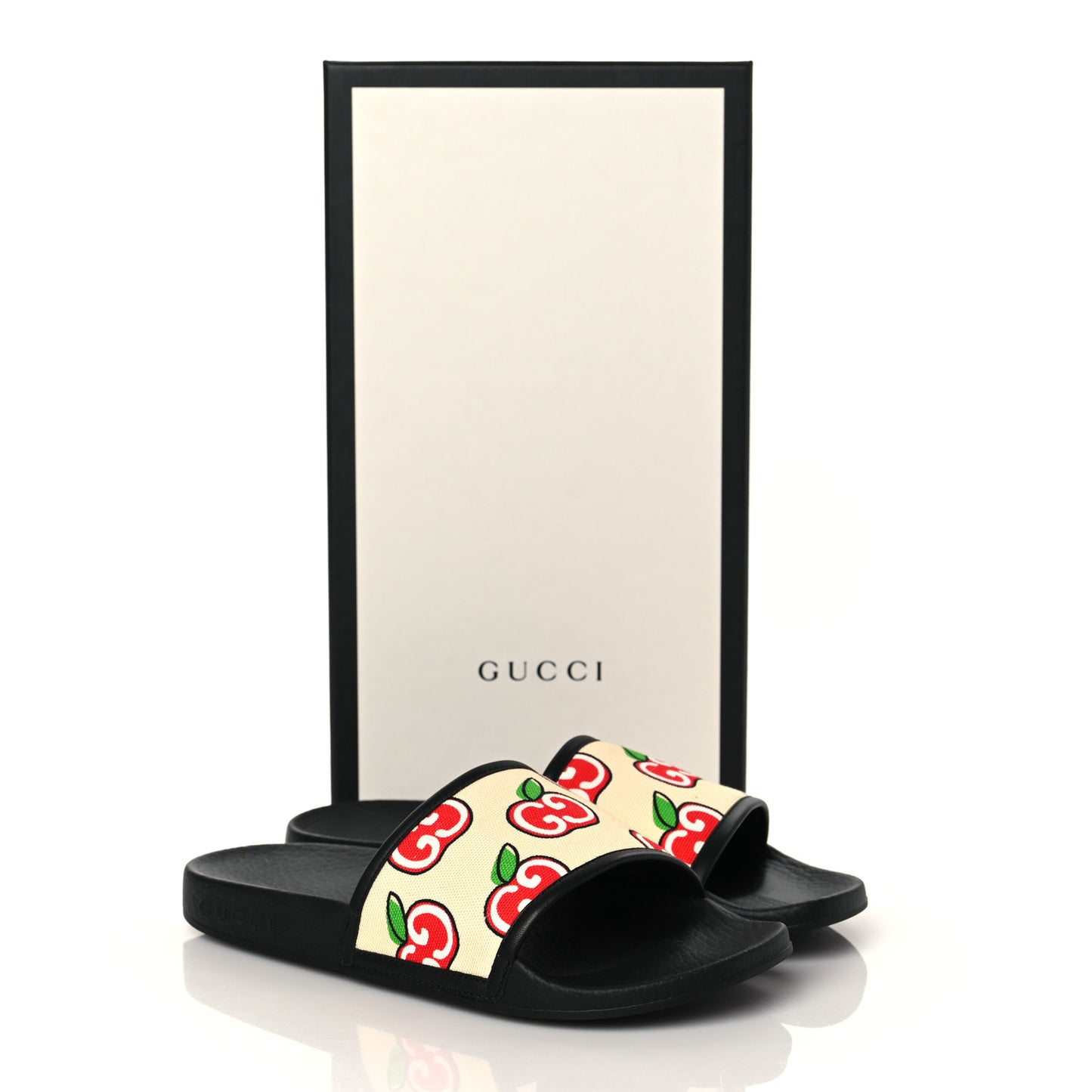 Canvas GG Apple Slide Sandals 35 Ivory Red Black