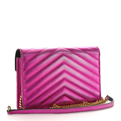 Saint Laurent Metallic Calfskin Matelasse Chevron Monogram Envelope Chain Wallet Fuchsia 2 of 10
