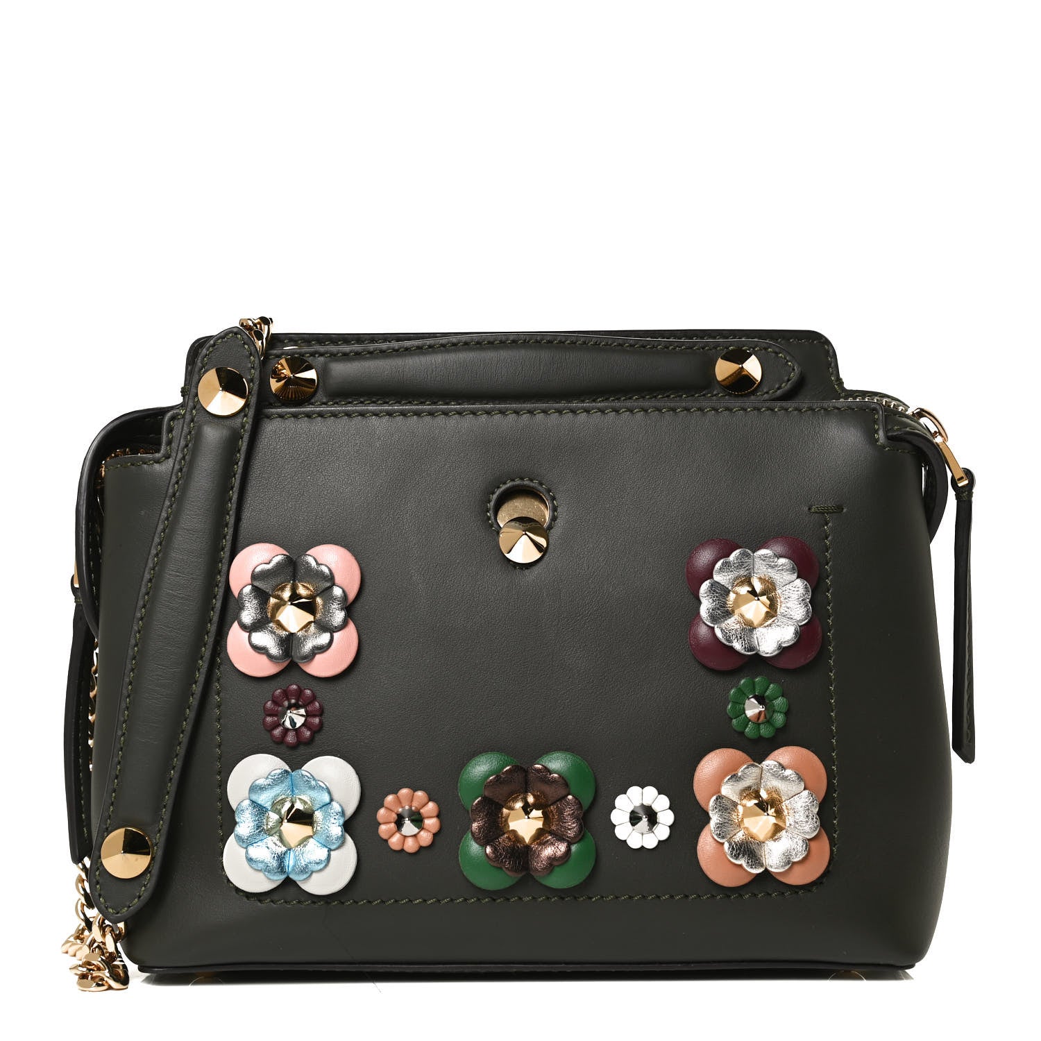 Fendi Vitello Baltico Nappa Flowerland Studded Small Dotcom Click Chain Satchel Verde Prato Multicolor 1 of 12