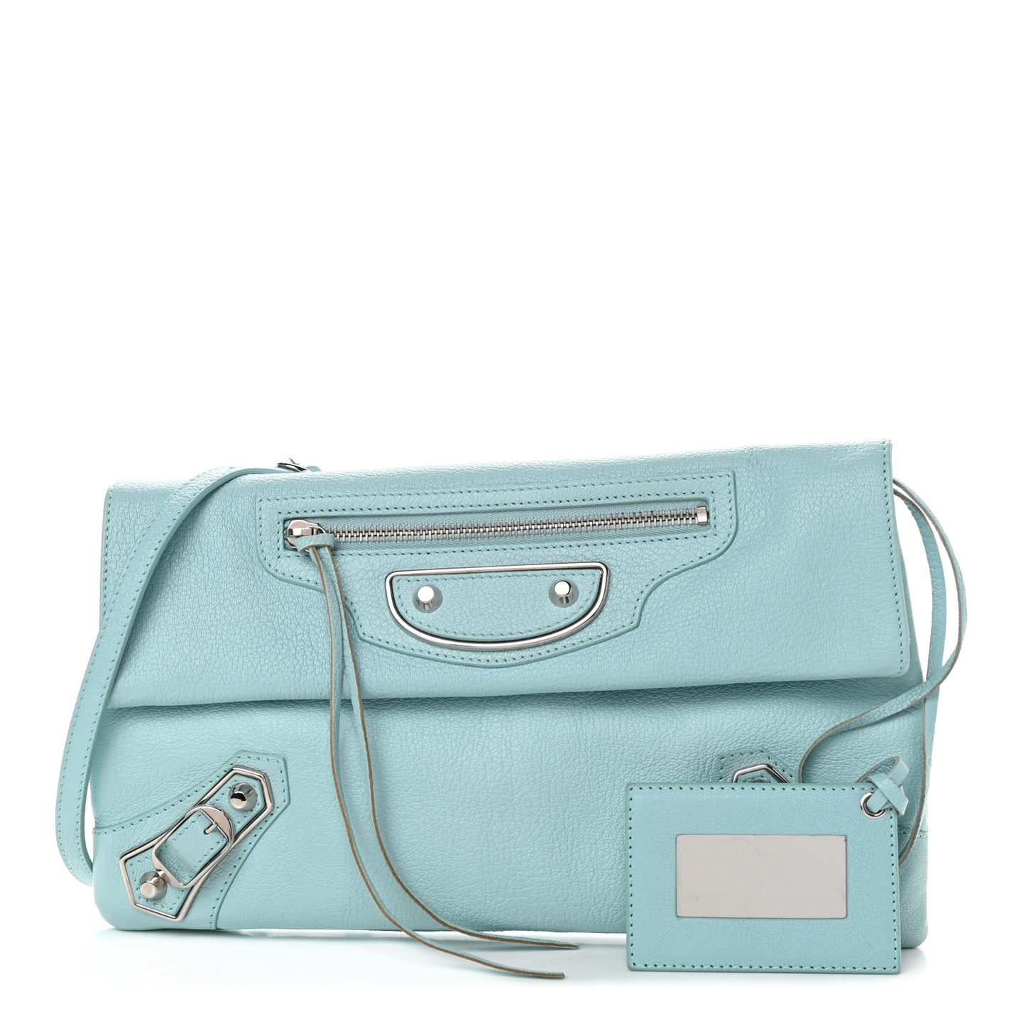 Chevre Silver Metallic Edge Hardware Envelope Clutch Bleu Maldives