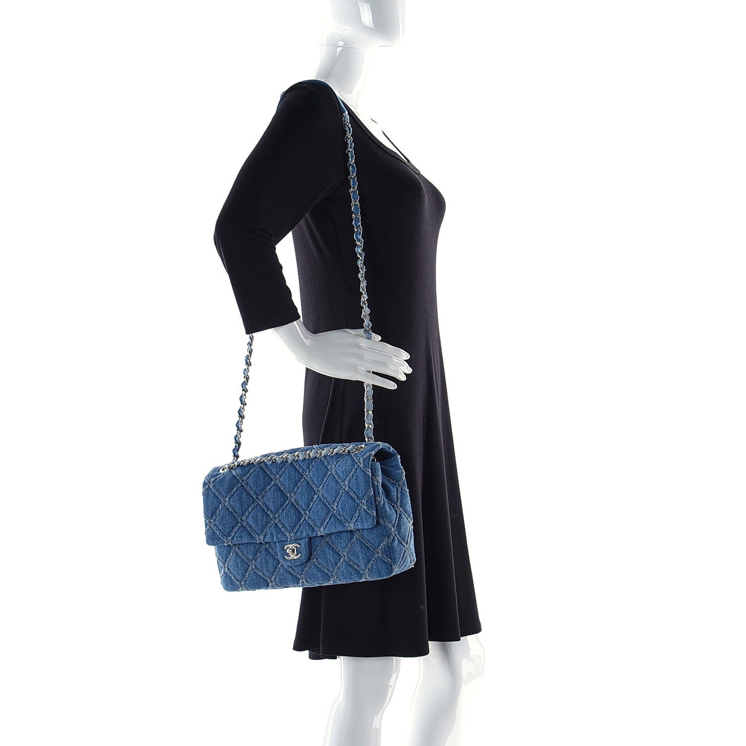 Chanel Frayed Denim Quilted Large Blue Chip Flap Blue 2 of 16