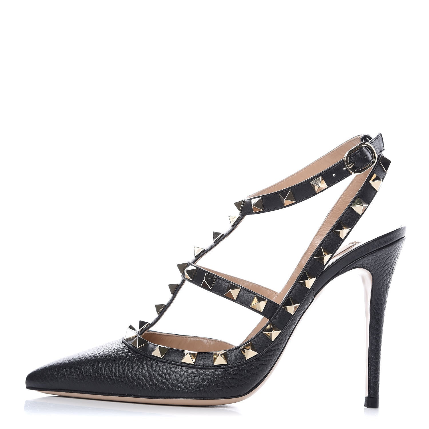 Valentino Garavani Pebbled Calfskin Rockstud Ankle Strap Pumps 37 Black 1 of 8