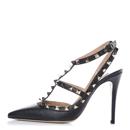 Valentino Garavani Pebbled Calfskin Rockstud Ankle Strap Pumps 37 Black 1 of 8
