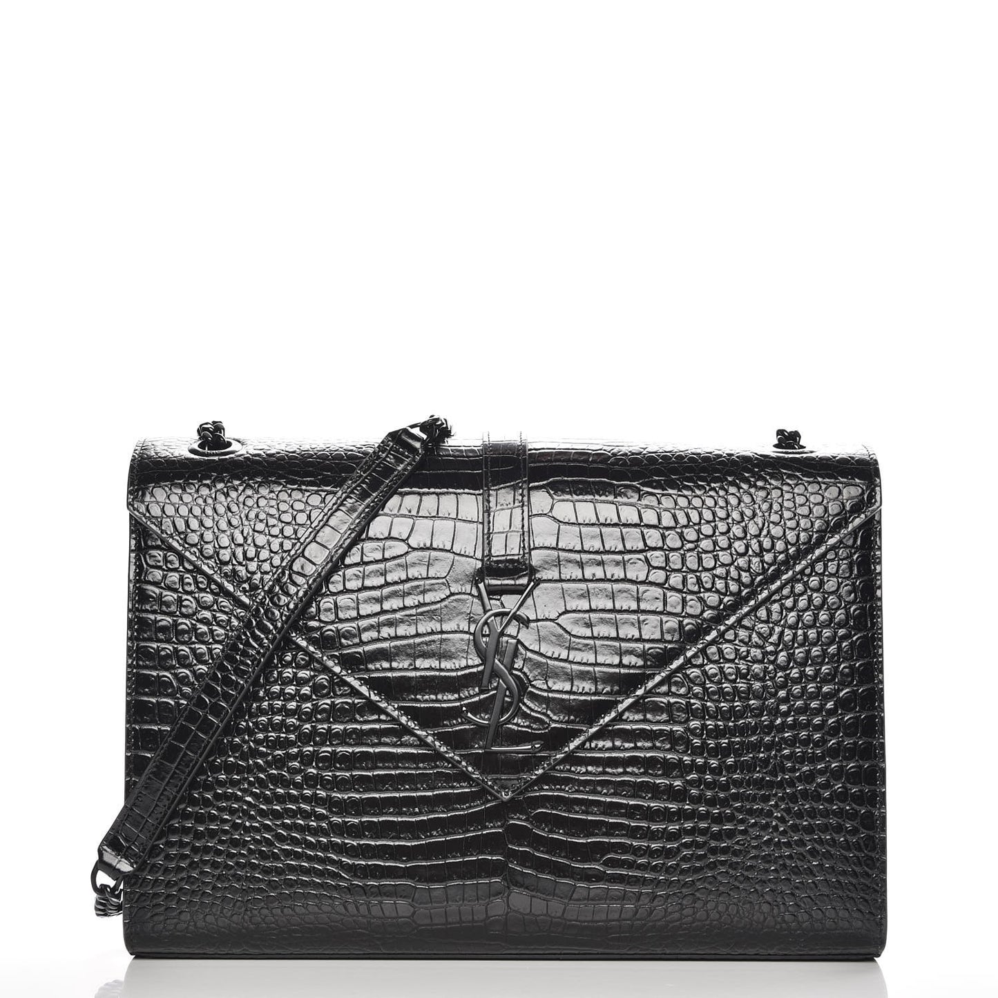 Calfskin Crocodile Embossed Monogram Large Satchel Black
