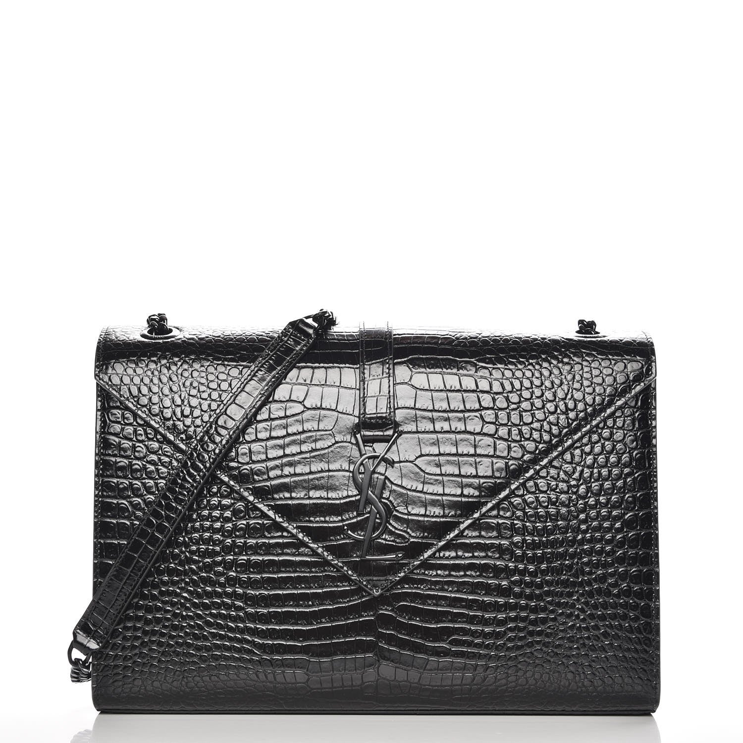 Saint Laurent Calfskin Crocodile Embossed Monogram Large Satchel Black 1 of 7