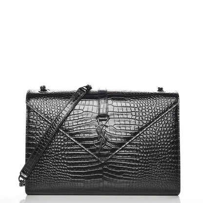 Saint Laurent Calfskin Crocodile Embossed Monogram Large Satchel Black 1 of 7
