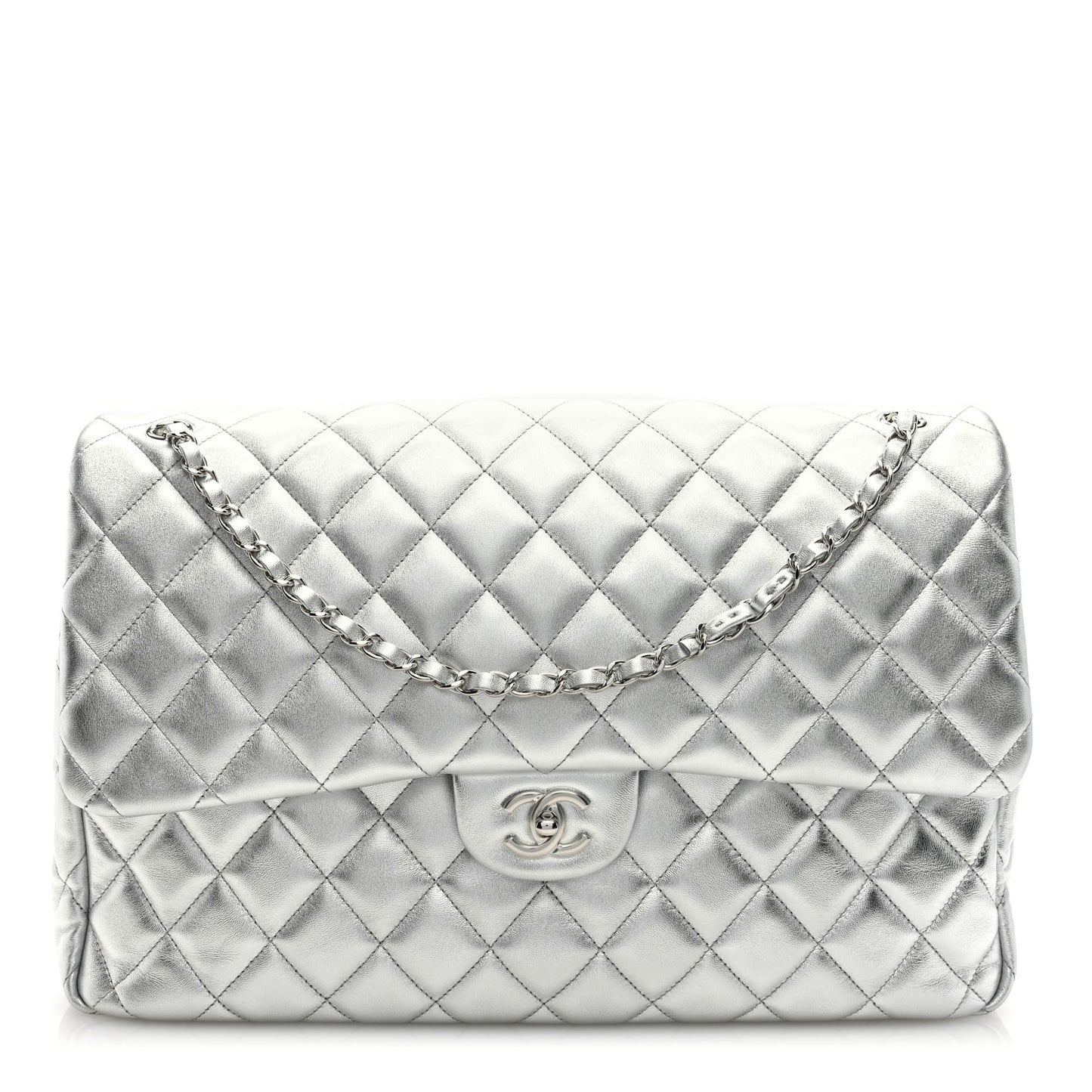 Metallic Lambskin Quilted XXL Travel Flap Bag Silver