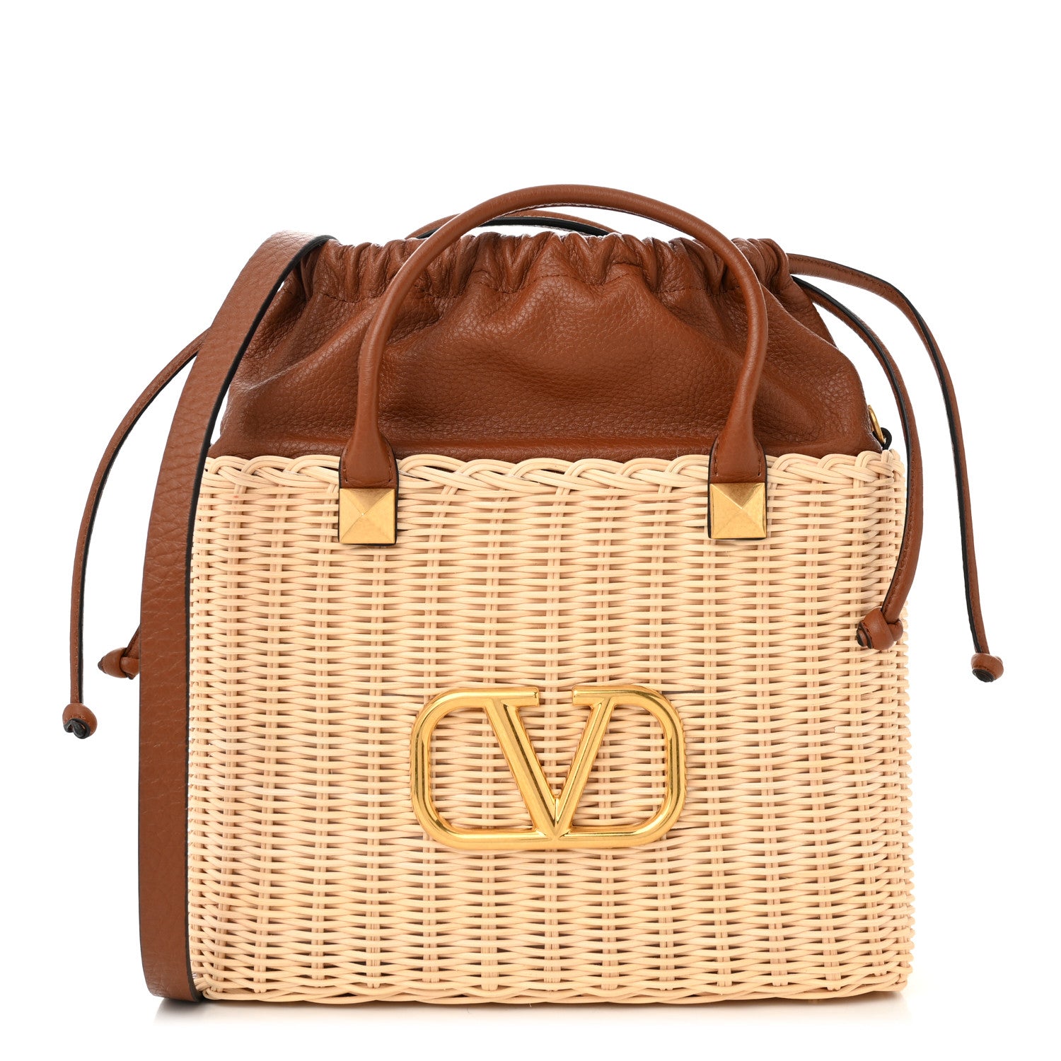 Valentino Garavani Wicker Vlogo Calfskin Top Handle Bag Natural Saddle Brown 1 of 10