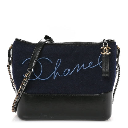 Chanel Calfskin Wool Embroidered Paris Hamburg Small Gabrielle Hobo Dark Navy Blue 1 of 11