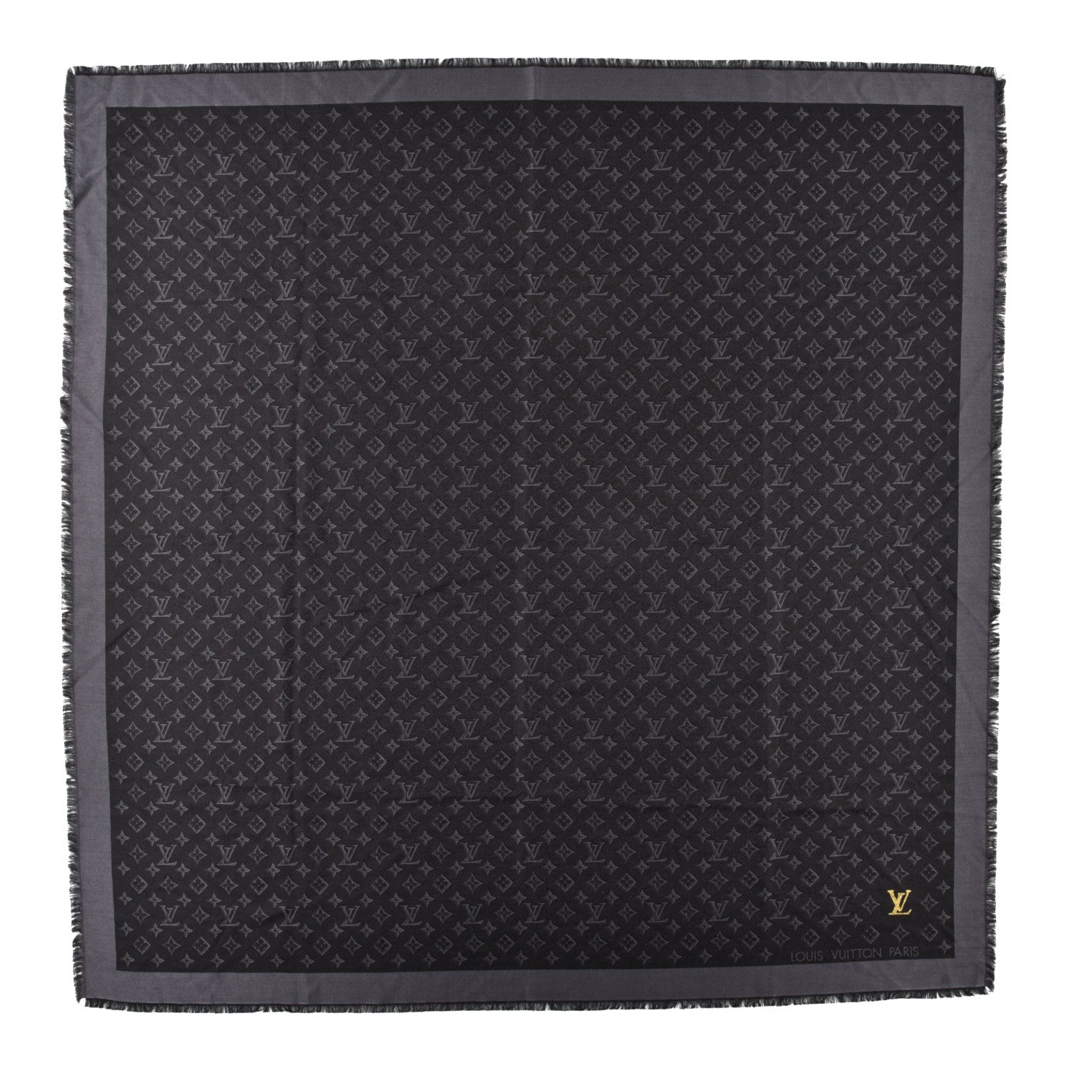 Louis Vuitton Silk Wool Monogram Shawl Black Grey 1 of 4