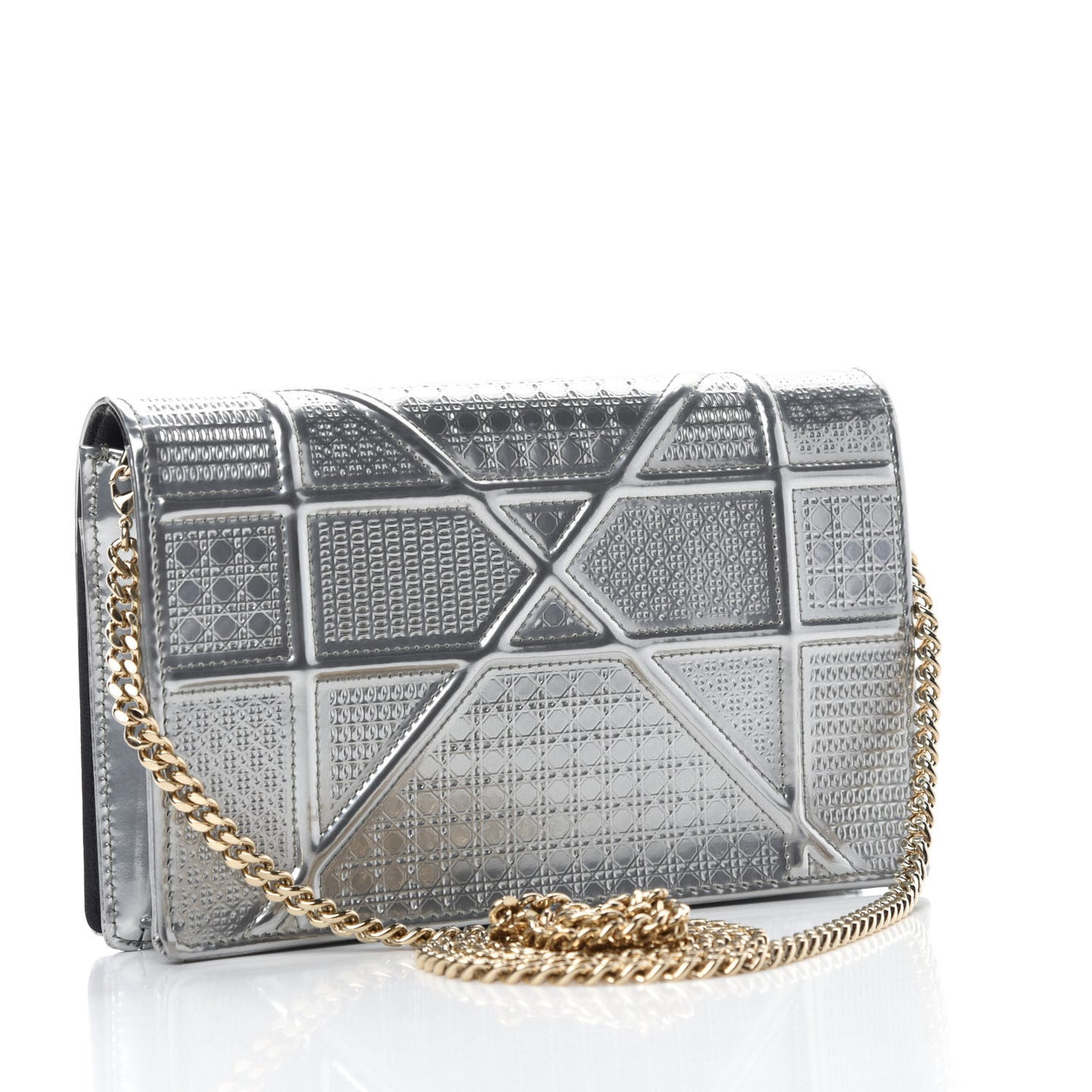 Metallic Patent Micro-Cannage Diorama Wallet on Chain Pouch Silver