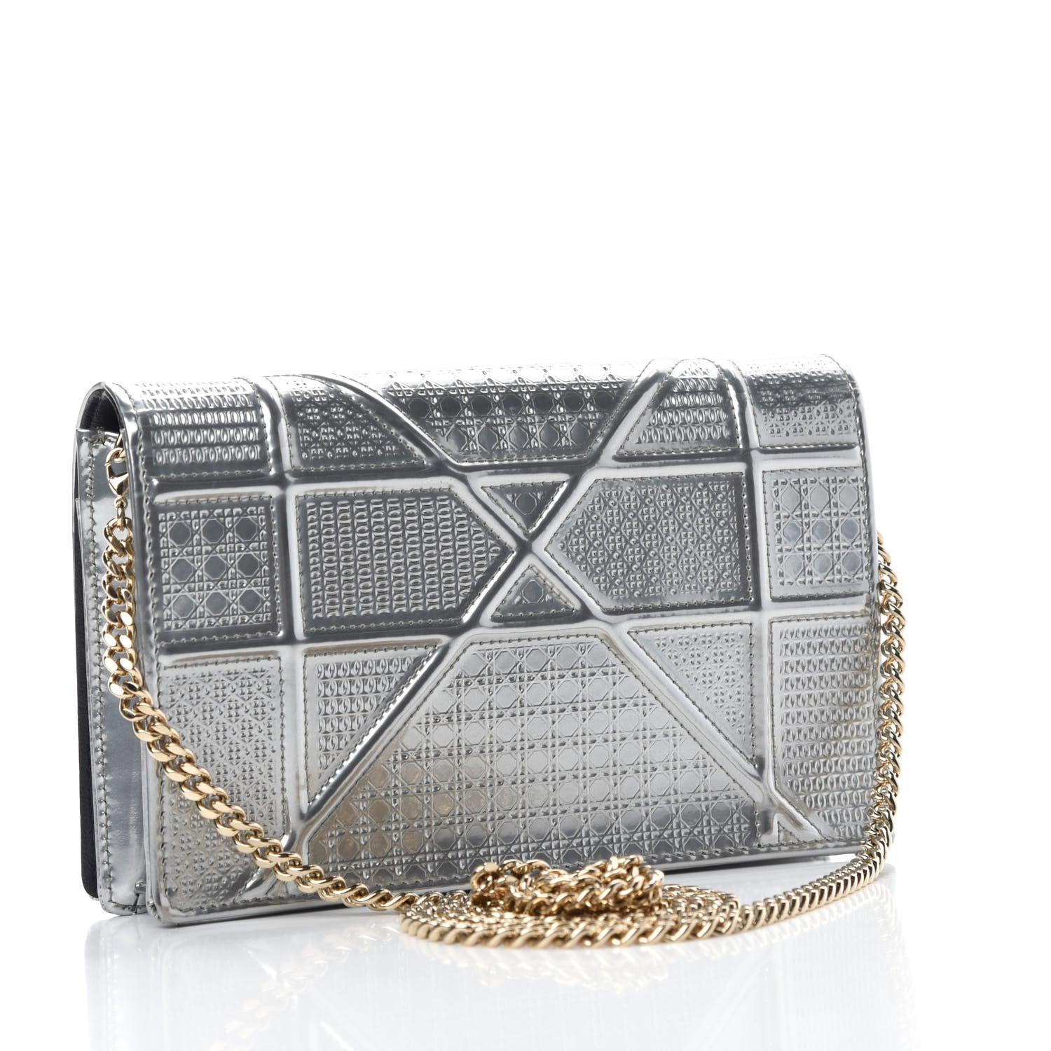 Christian Dior Metallic Patent Micro-Cannage Diorama Wallet on Chain Pouch Silver 3 of 10