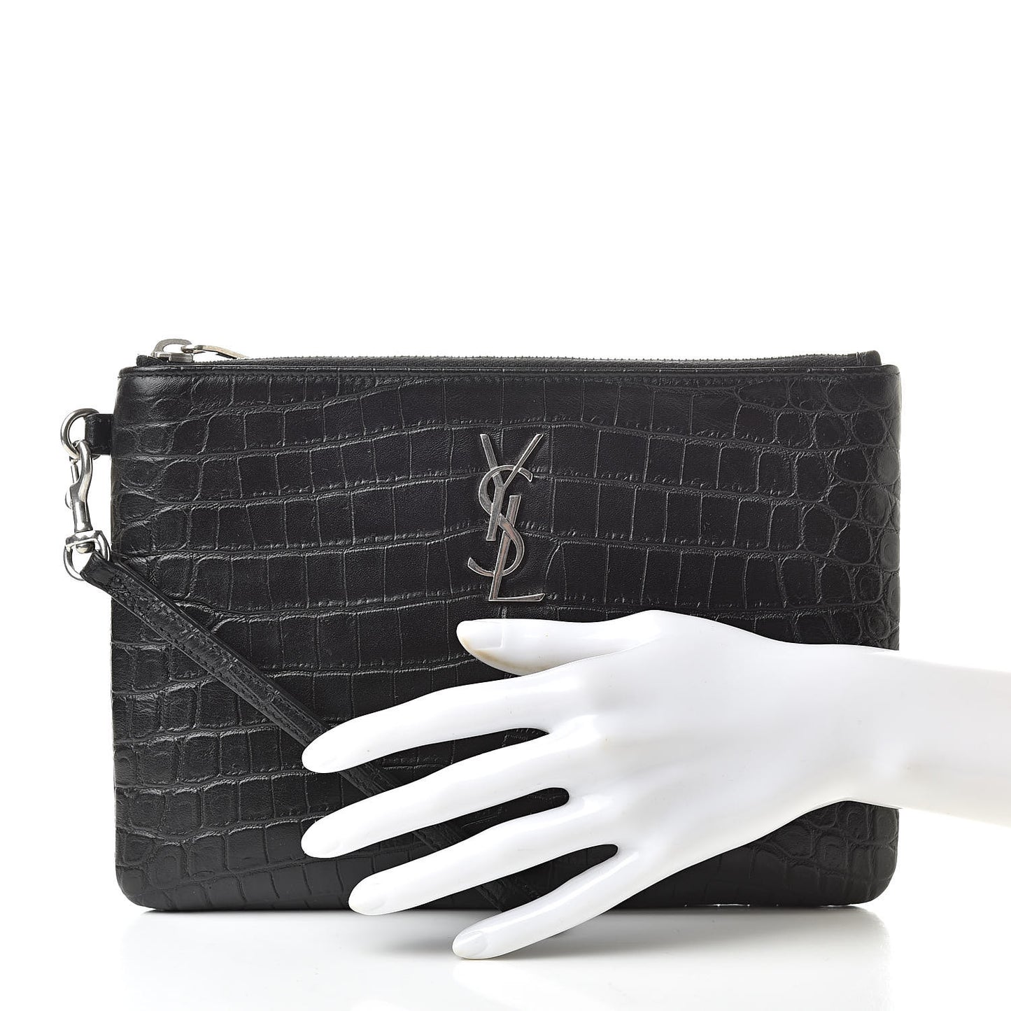 Calfskin Crocodile Embossed Monogram Zip Pouch Black