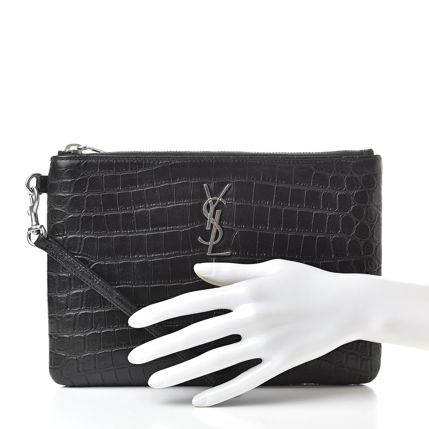 Saint Laurent Calfskin Crocodile Embossed Monogram Zip Pouch Black 2 of 8