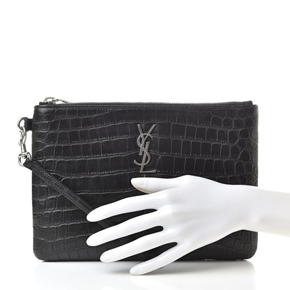 Saint Laurent Calfskin Crocodile Embossed Monogram Zip Pouch Black 2 of 8