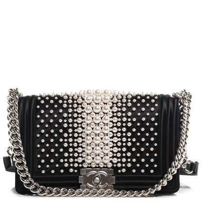 Chanel Satin Pearl Medium Boy Flap Black Ivory 1 of 9