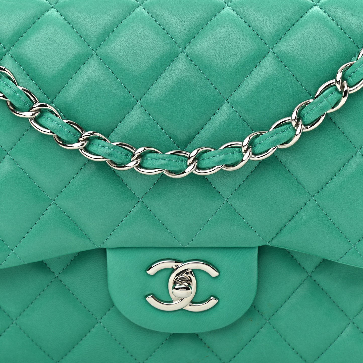 Lambskin Quilted Jumbo Double Flap Green