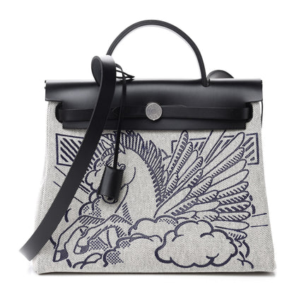 Hermes Vache Hunter Toile H Pegase Pop Herbag Zip Retourne 31 PM Bleu Indigo Ecru Black 3 of 11