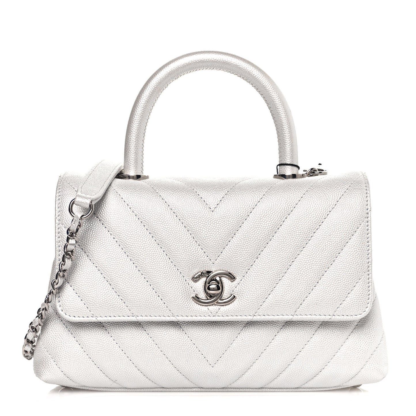 Iridescent Caviar Chevron Quilted Mini Coco Handle Flap White