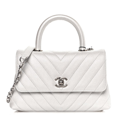 Chanel Iridescent Caviar Chevron Quilted Mini Coco Handle Flap White 1 of 12