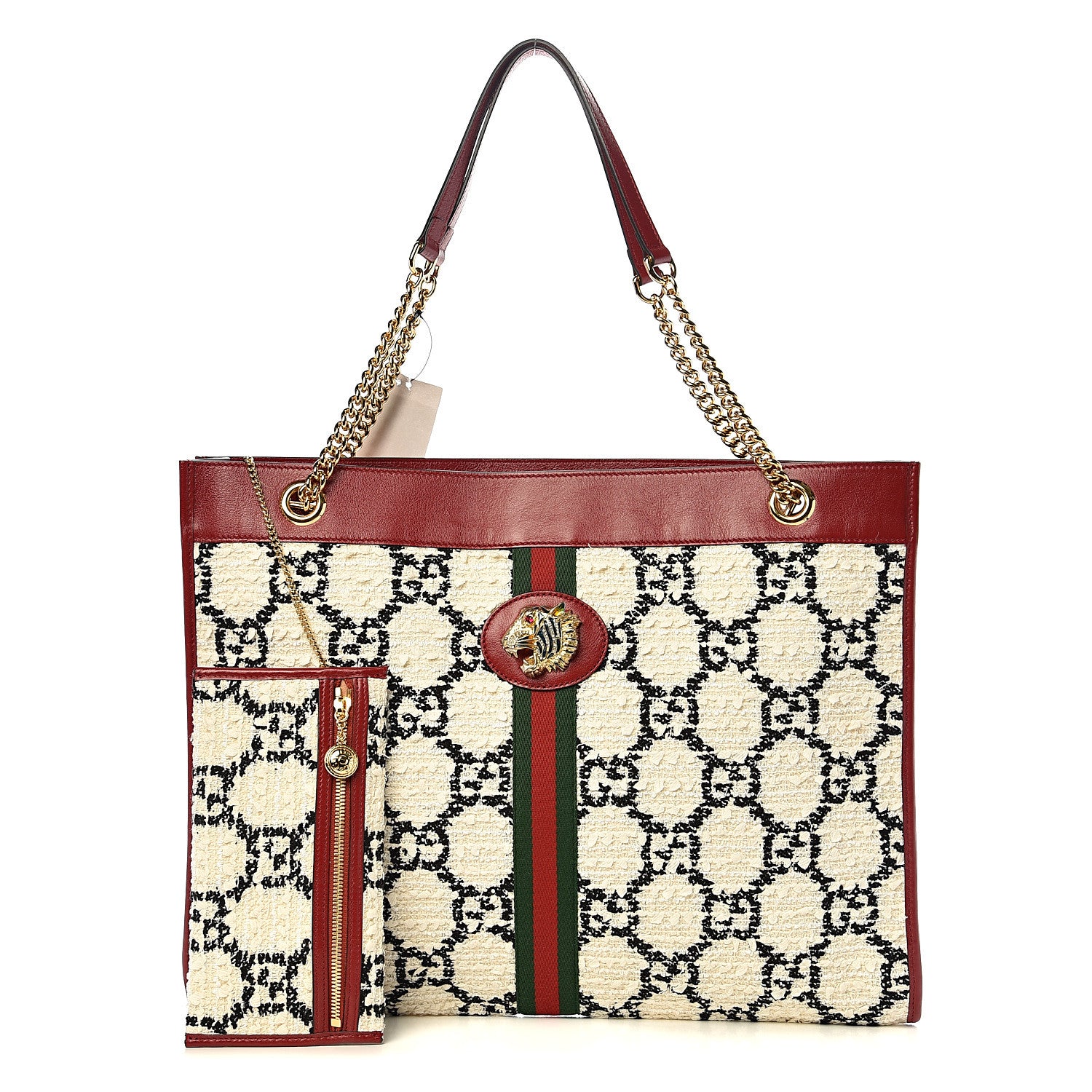 Gucci Tweed GG Monogram Large Rajah Chain Tote White Black Romantic Cherry 1 of 9