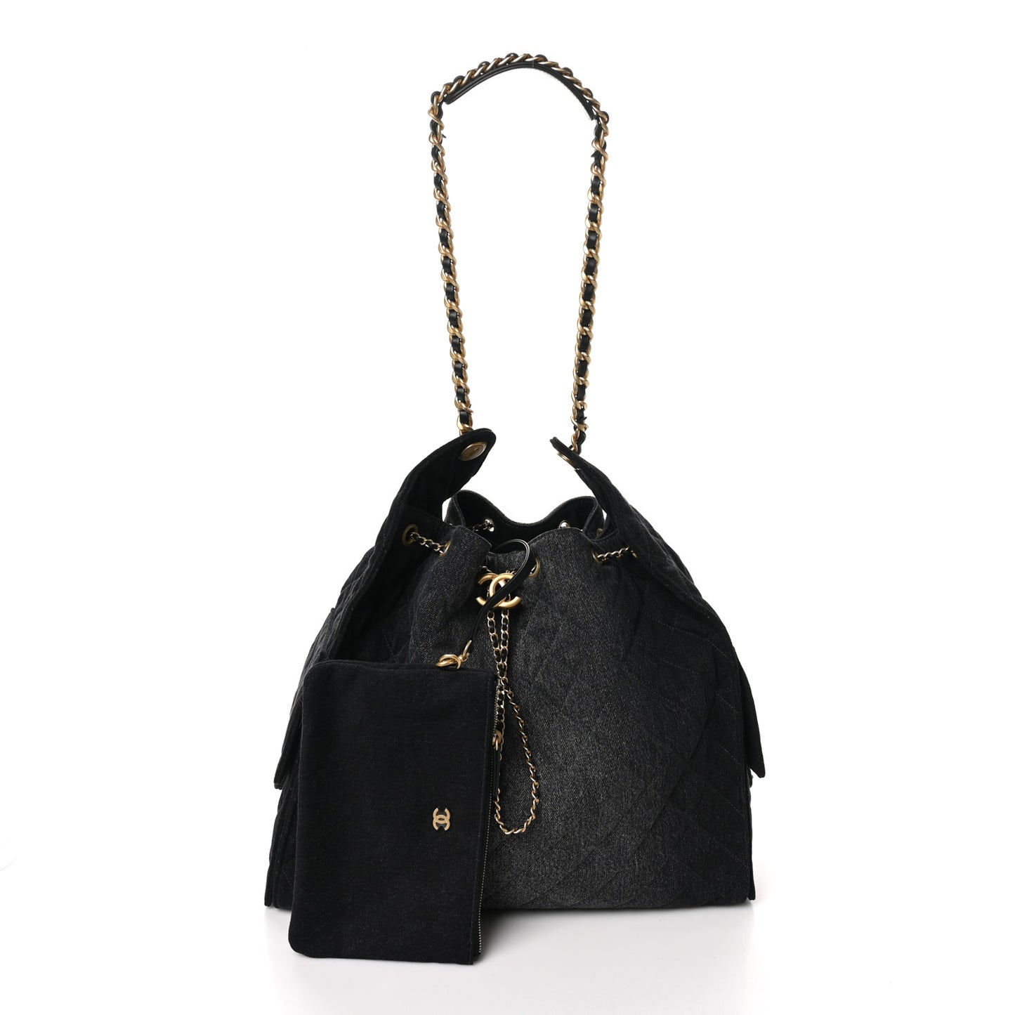 Washed Denim Quilted Large Chanel 25 Handbag Black