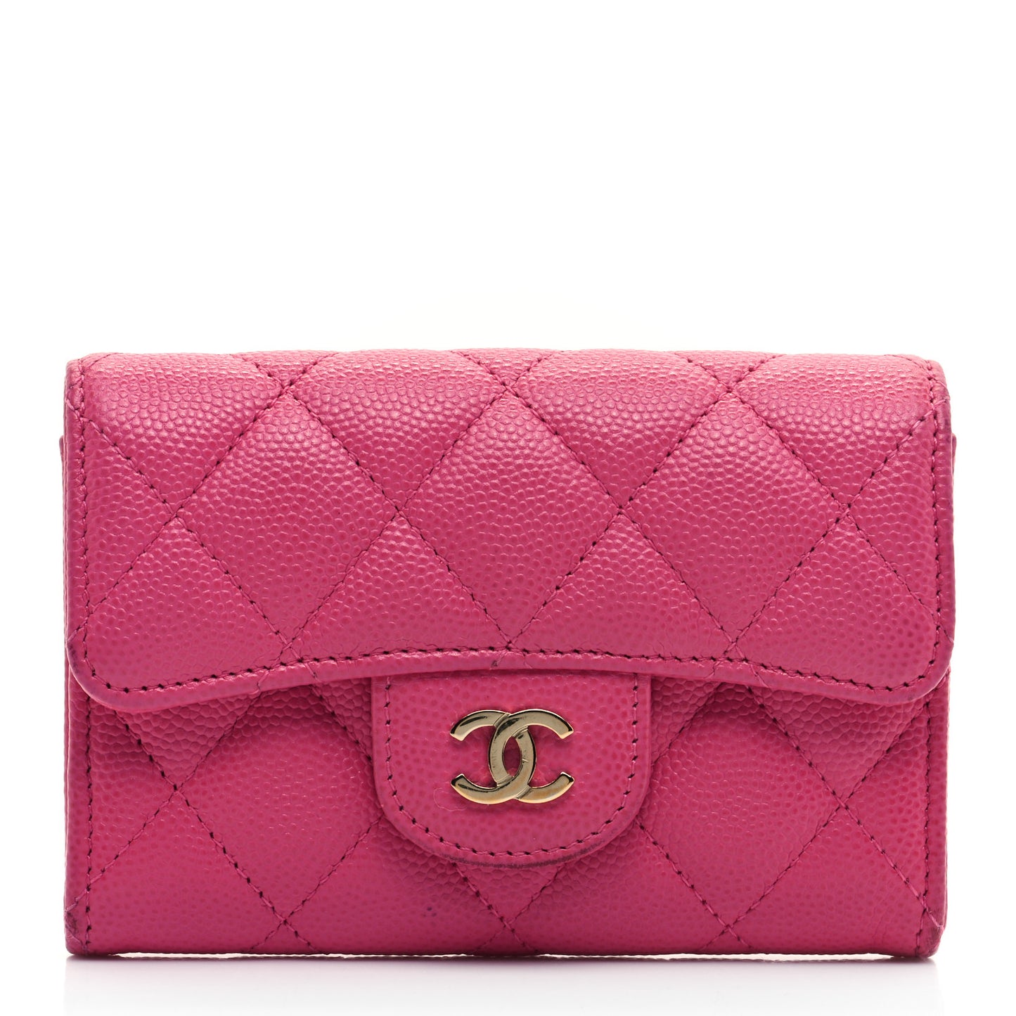 Caviar Quilted Flap Card Holder Wallet Dark Pink