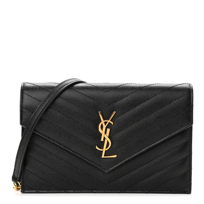Saint Laurent Grain De Poudre Matelasse Chevron Monogram Envelope Chain Wallet Black 1 of 10