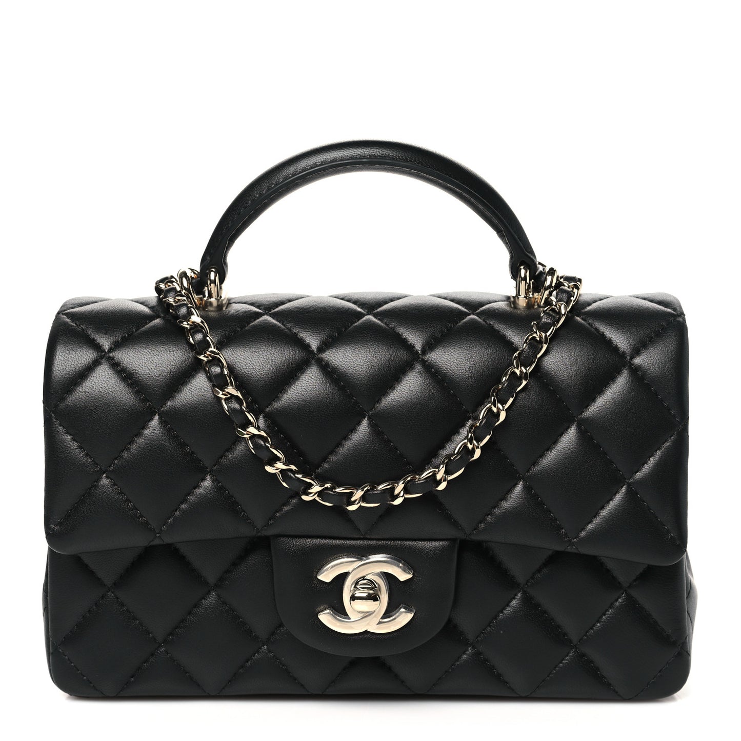 Lambskin Quilted Mini Top Handle Rectangular Flap Black