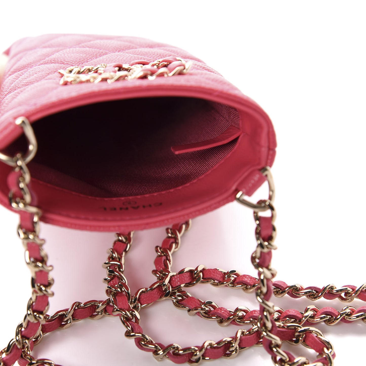 Caviar Quilted French New Wave Phone Holder With Chain Pink