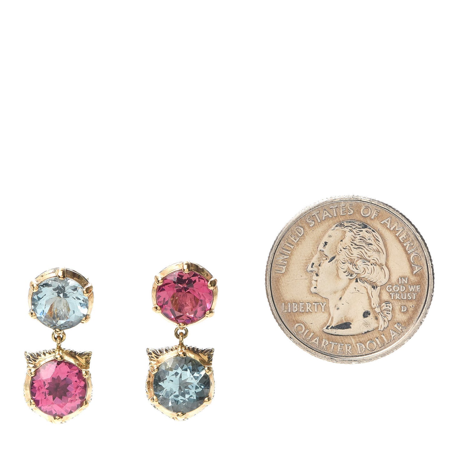 18K Yellow Gold Diamond Aquamarine Pink Tourmaline Le Marché des Merveilles Feline Drop Earrings