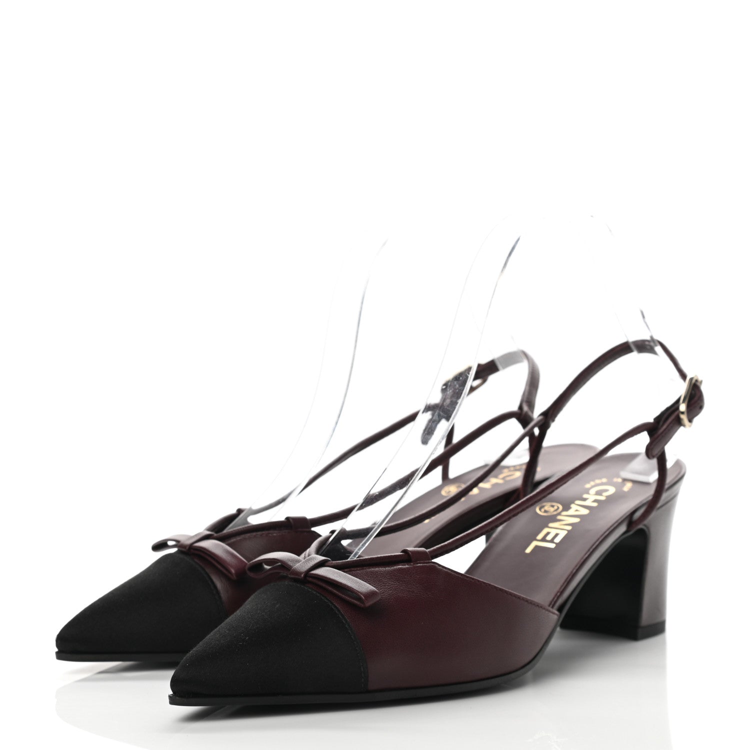 Chanel Lambskin Satin Slingback Cap Toe Bow Pumps 37.5 Burgundy Black 3 of 8