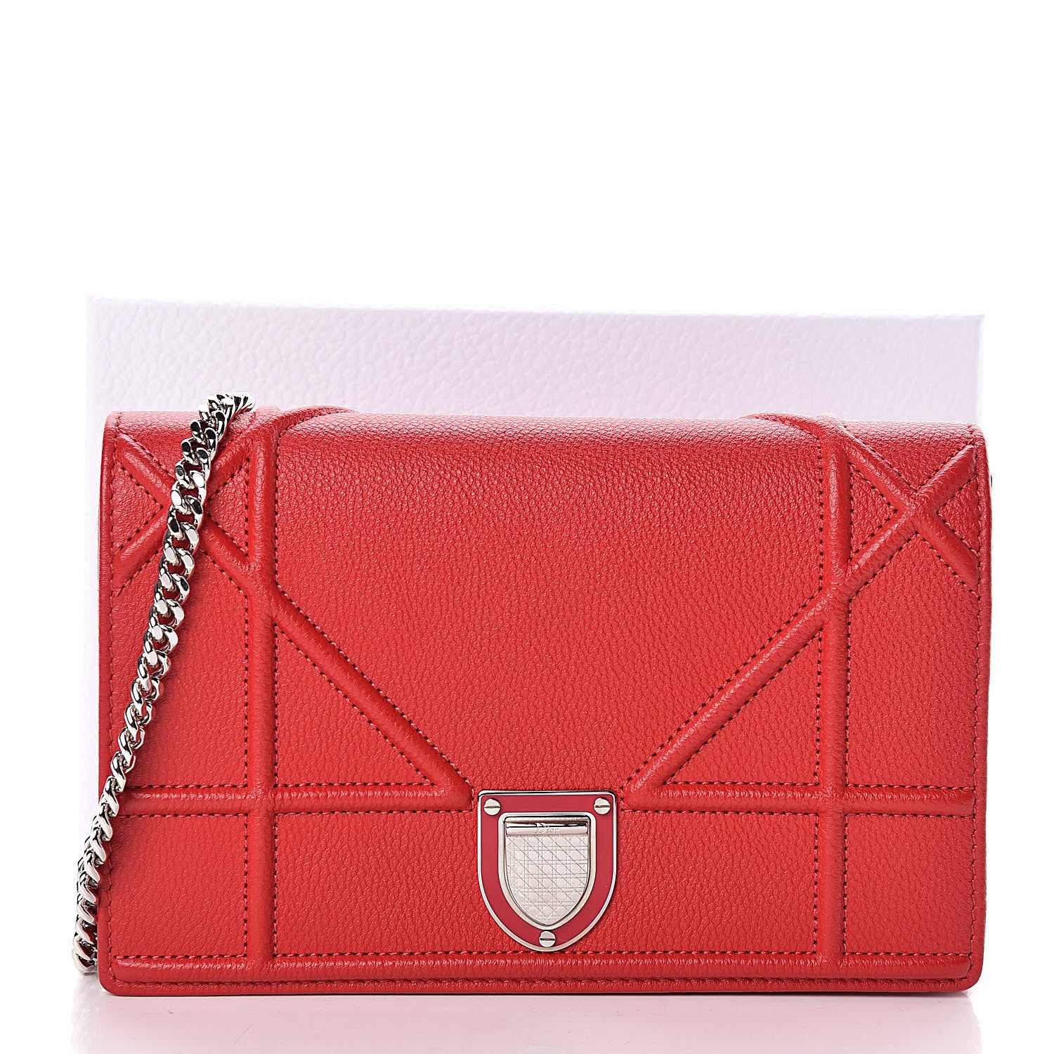 Christian Dior Grained Calfskin Diorama Wallet on Chain Pouch Rouge Vif 9 of 9