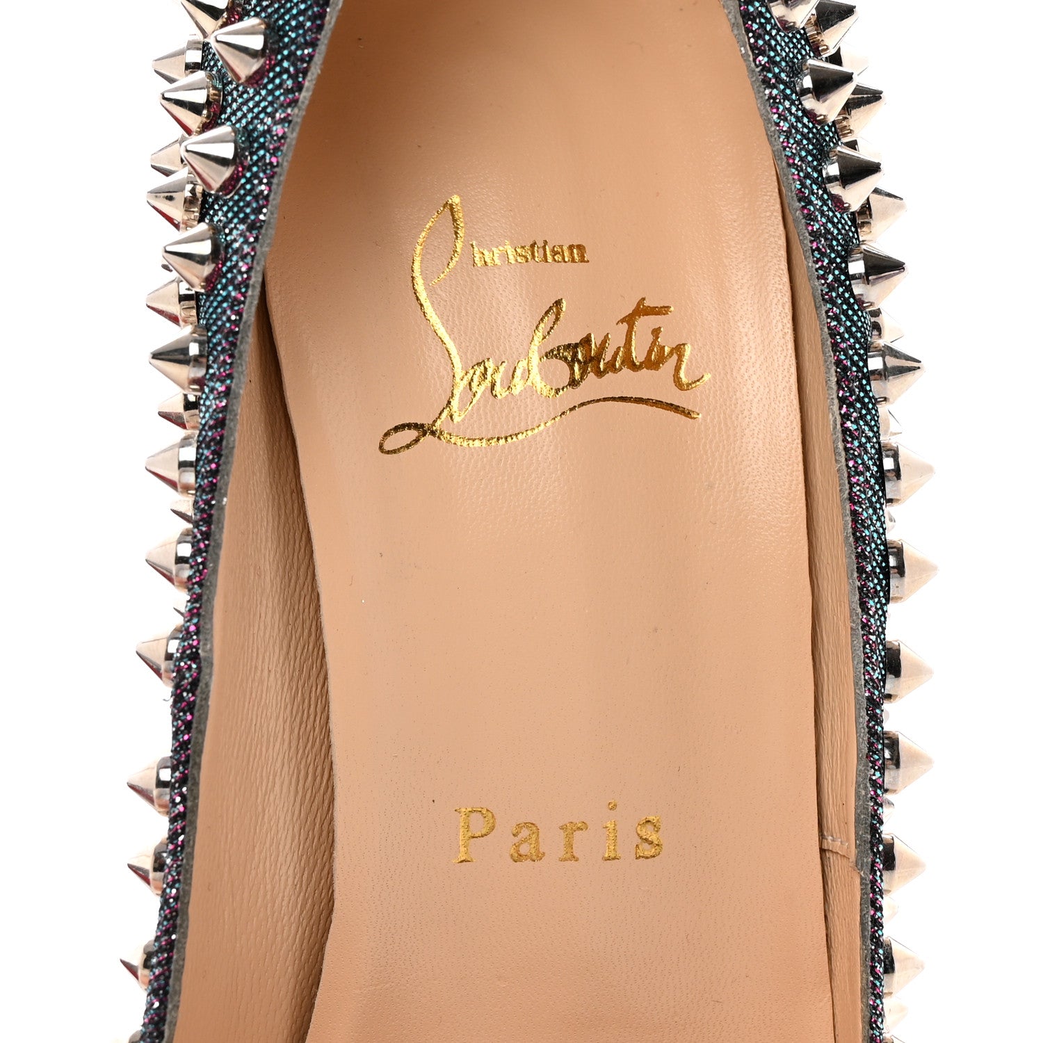 Christian Louboutin Lame Satin Lady Peep Spikes 150 Pumps 36 Turquoise Violet Silver 8 of 13