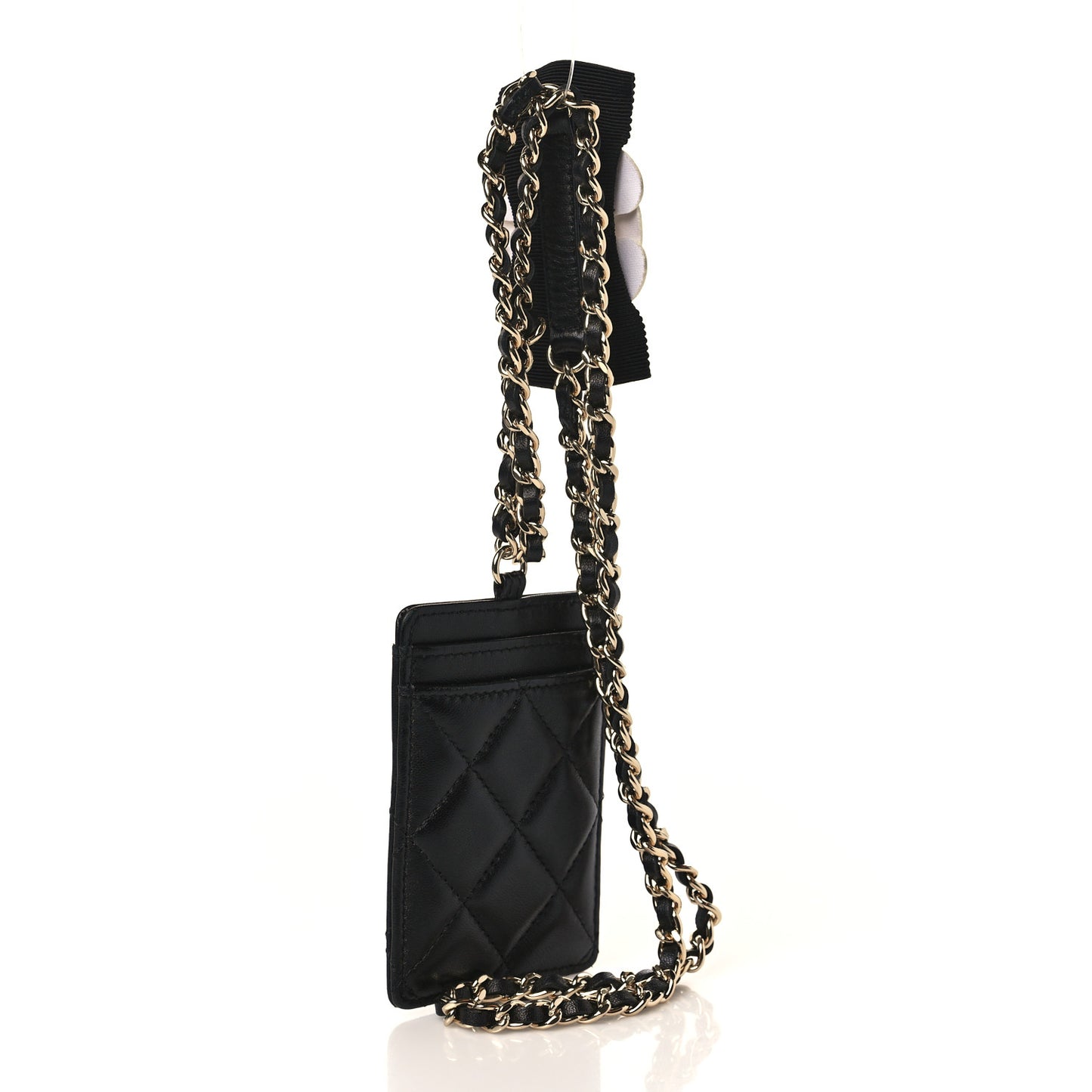 Lambskin Quilted Camellia Bow Card Holder On Chain Black