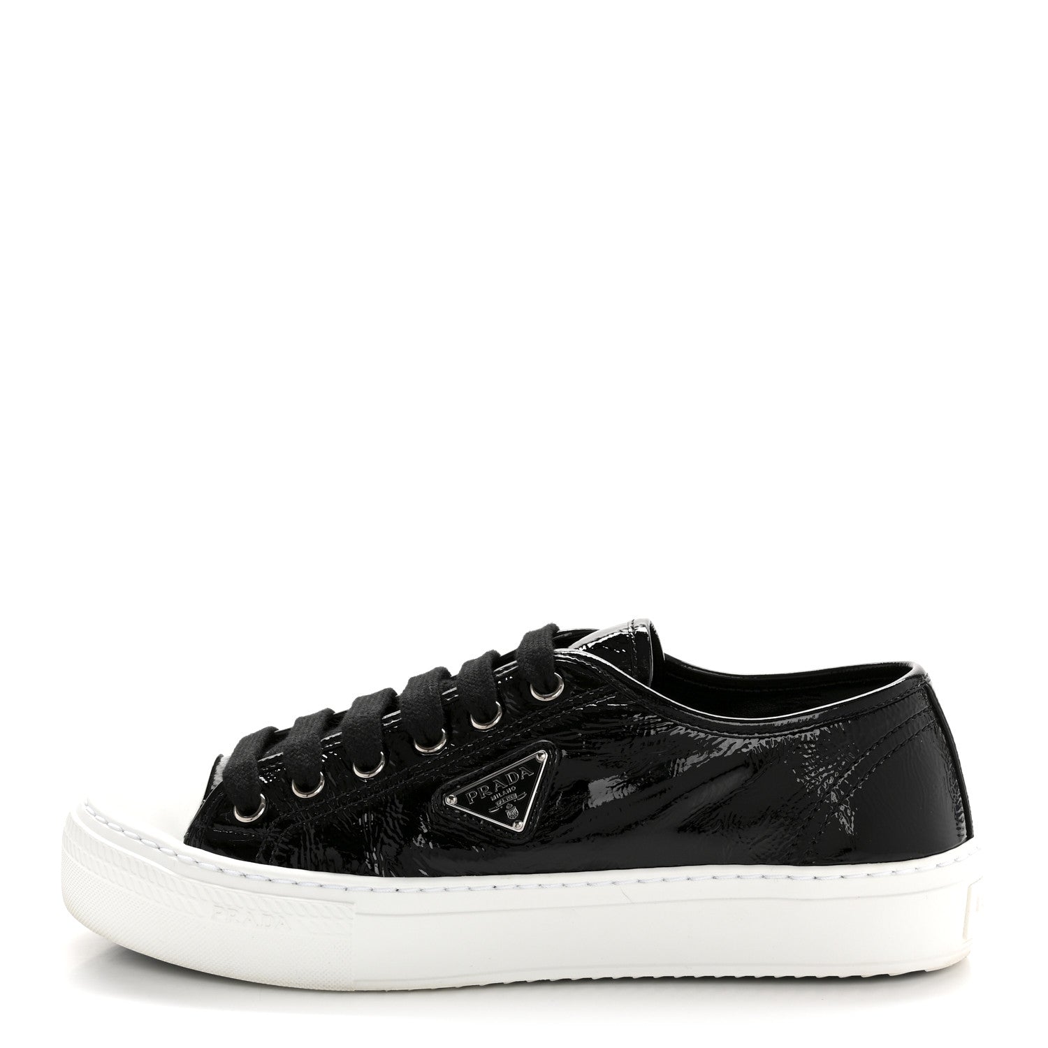 Prada Patent Naplak Triangle Logo Womens Low Top Sneakers 38 Black White 1 of 9
