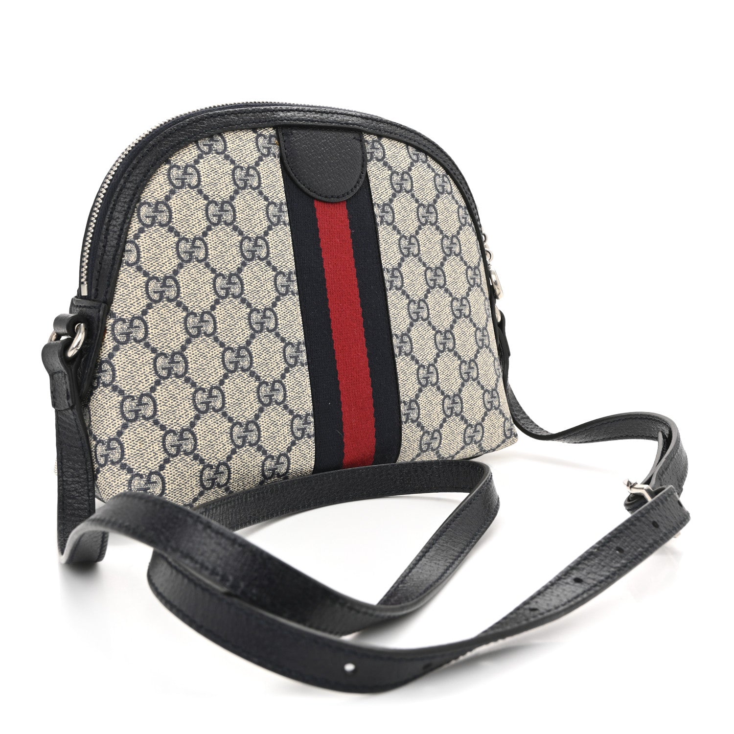 Gucci GG Supreme Monogram Textured Dollar Calfskin Web Small Ophidia Dome Shoulder Bag Beige Blue 3 of 13