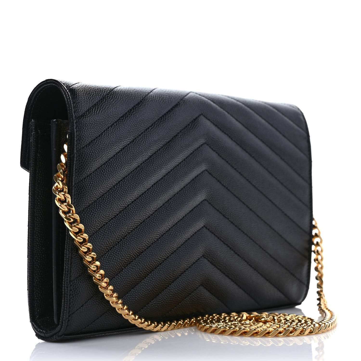 Saint Laurent Grain De Poudre Matelasse Chevron Monogram Chain Wallet Black 3 of 8