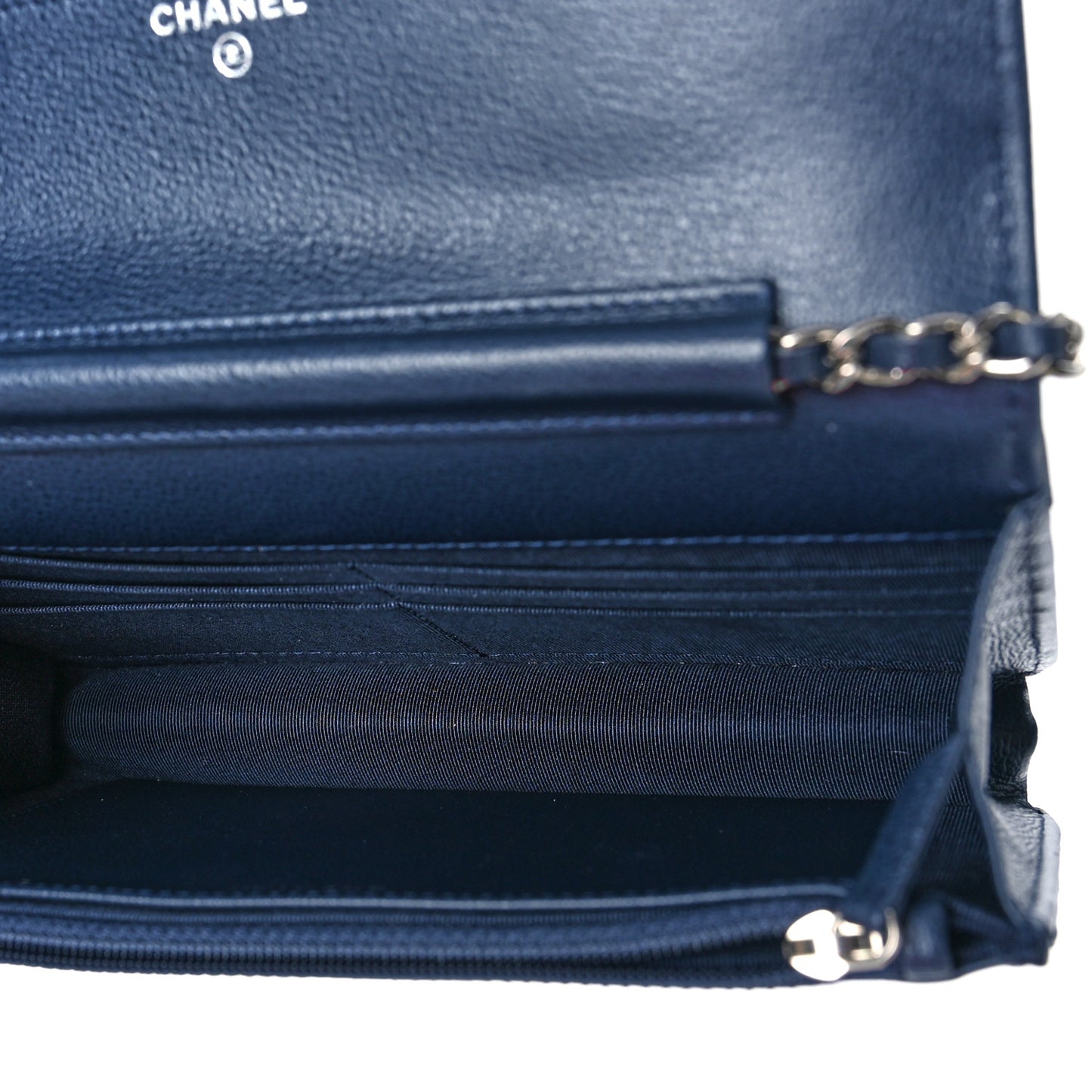 Grained Calfskin Quilted CC Box Wallet On Chain WOC Navy