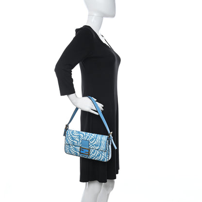 Fendi X SARAH COLEMAN Glazed Canvas Vitello King FF Vertigo Baguette 1997 Cyber Blue White 2 of 13