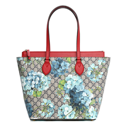 Gucci GG Supreme Monogram Blooms Medium Zippered Bucket Tote Beige Blue Navy Hibiscus Red 1 of 10