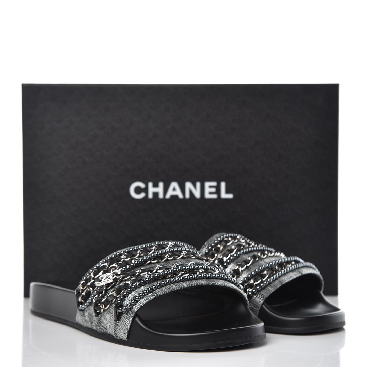 Fantasy Lambskin Pearl Chain CC Flat Mules 40 Silver Black