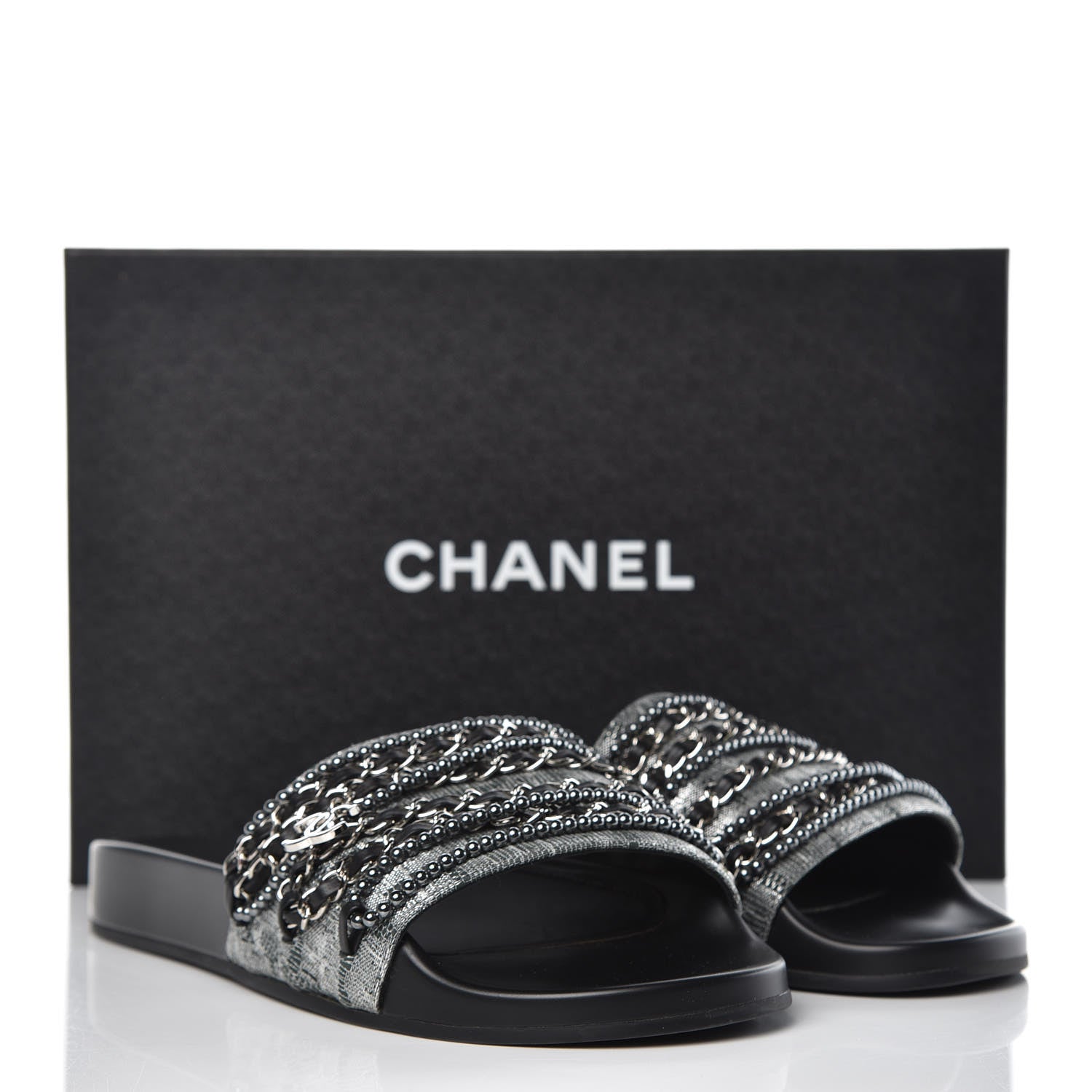 Chanel Fantasy Lambskin Pearl Chain CC Flat Mules 40 Silver Black 10 of 10