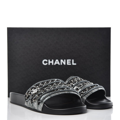Chanel Fantasy Lambskin Pearl Chain CC Flat Mules 40 Silver Black 10 of 10