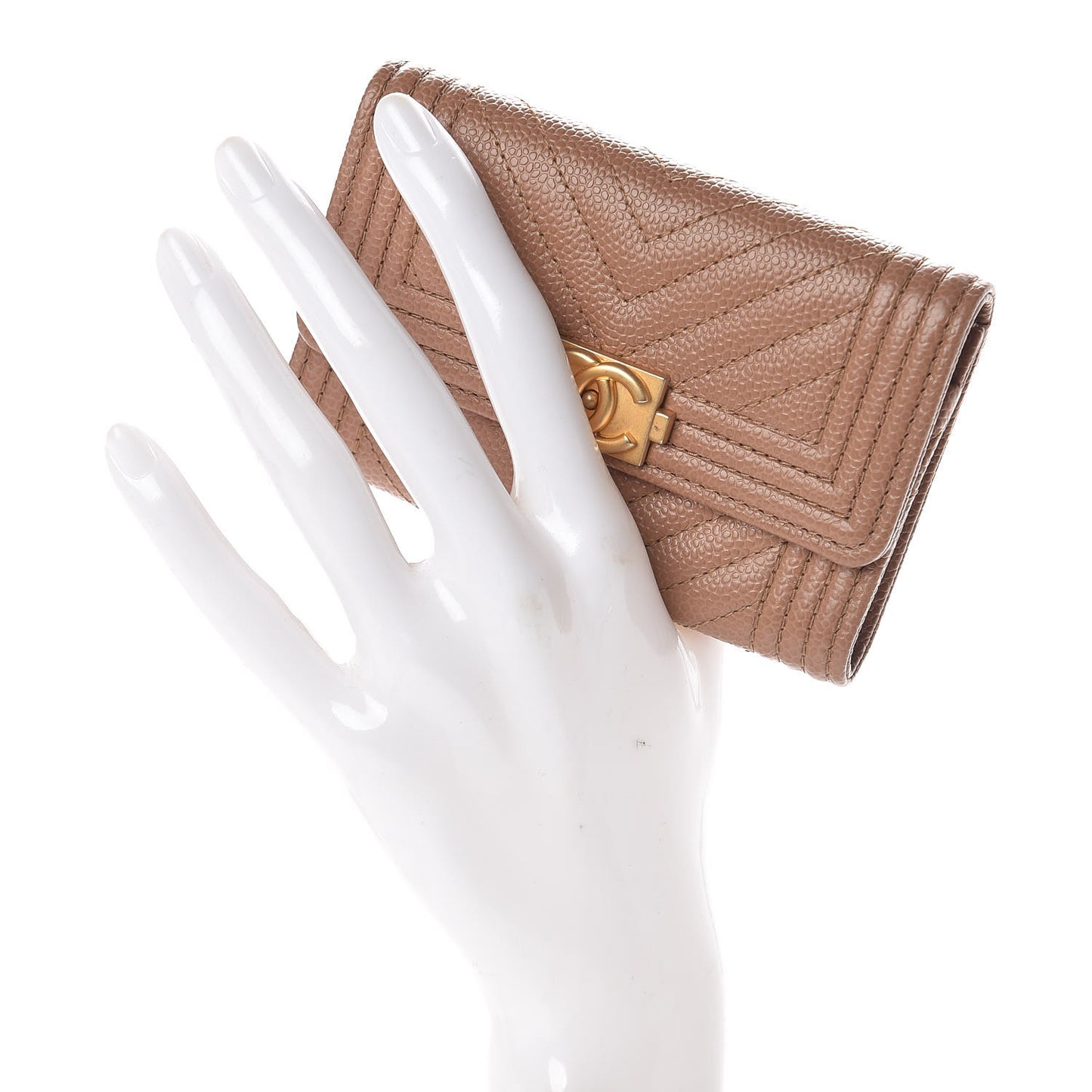 Caviar Chevron Quilted Boy Card Holder Dark Beige