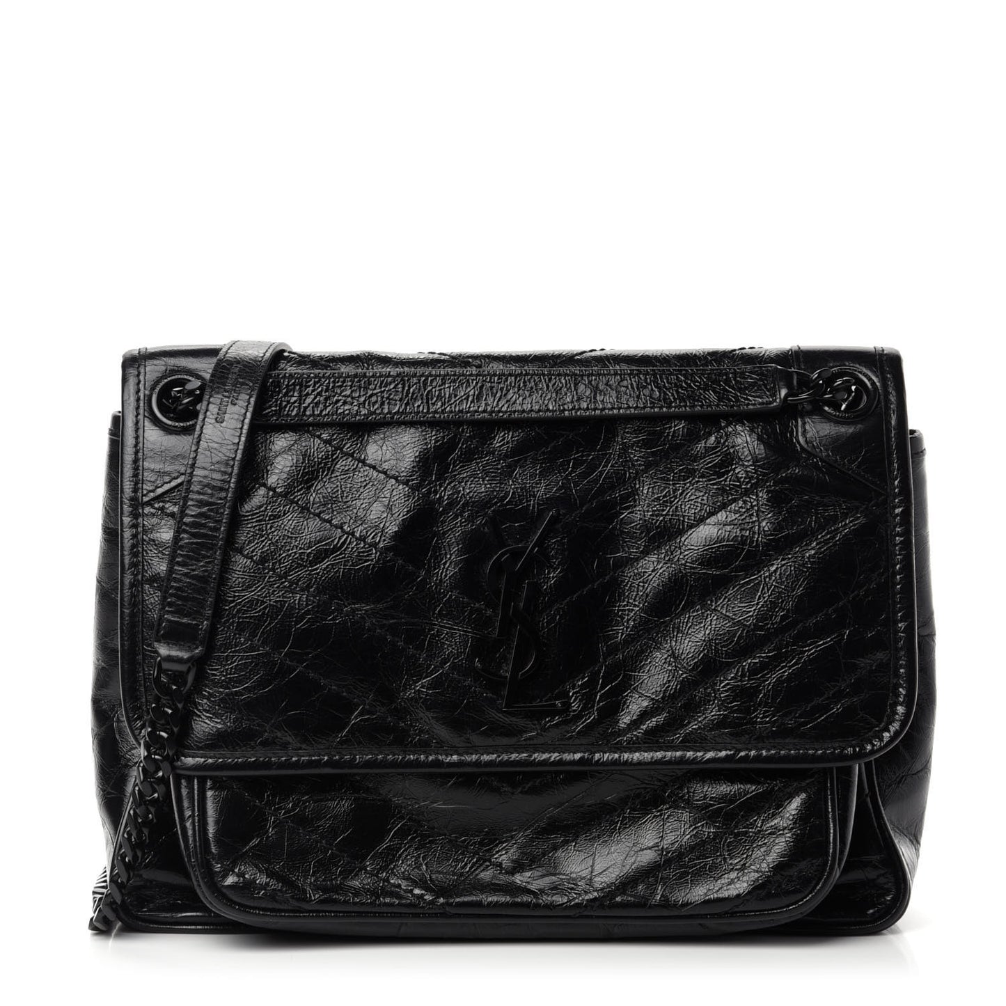 Crinkled Calfskin Matelasse Monogram Medium Niki Chain Satchel Black
