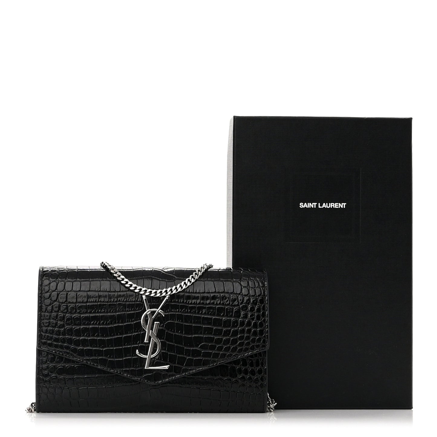 Calfskin Crocodile Embossed Monogram Uptown Chain Wallet Black