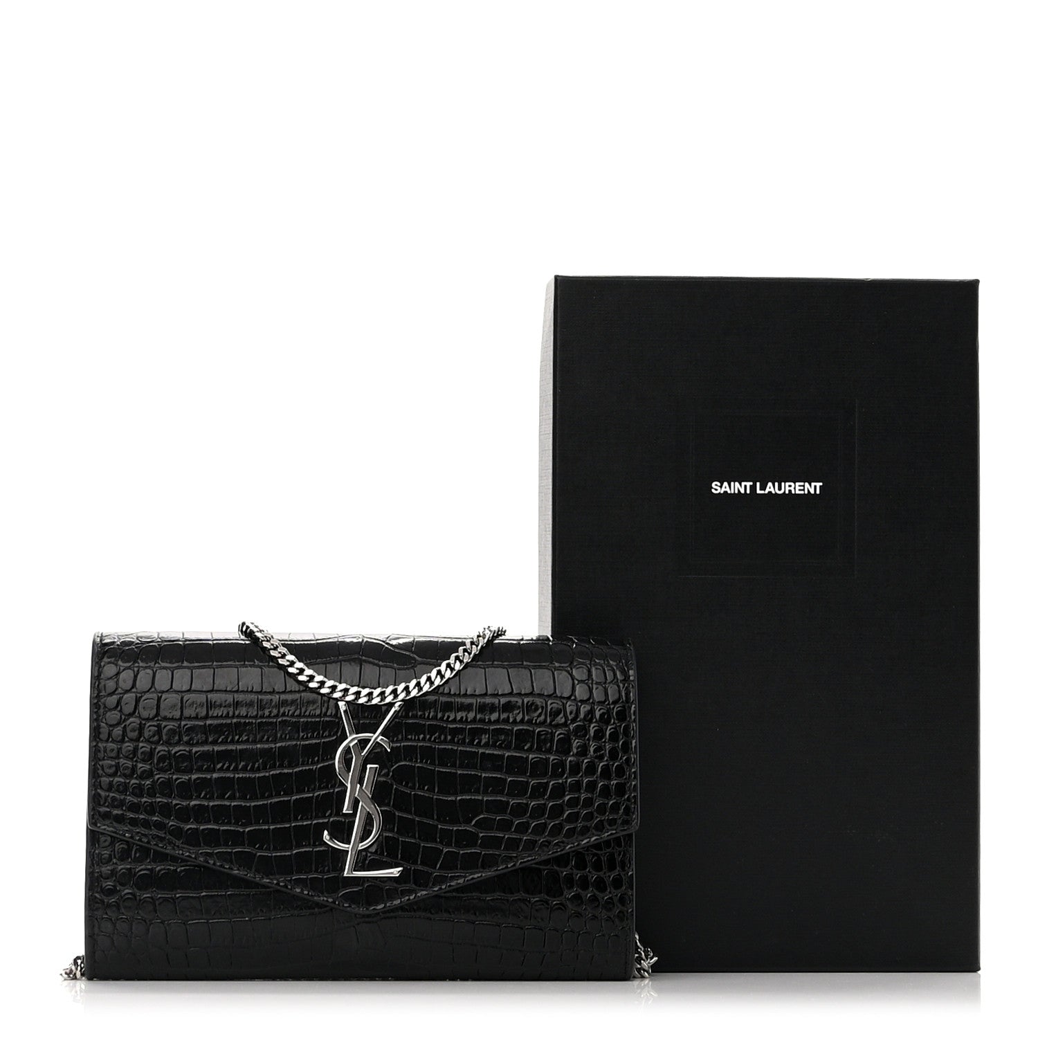 Saint Laurent Calfskin Crocodile Embossed Monogram Uptown Chain Wallet Black 11 of 11